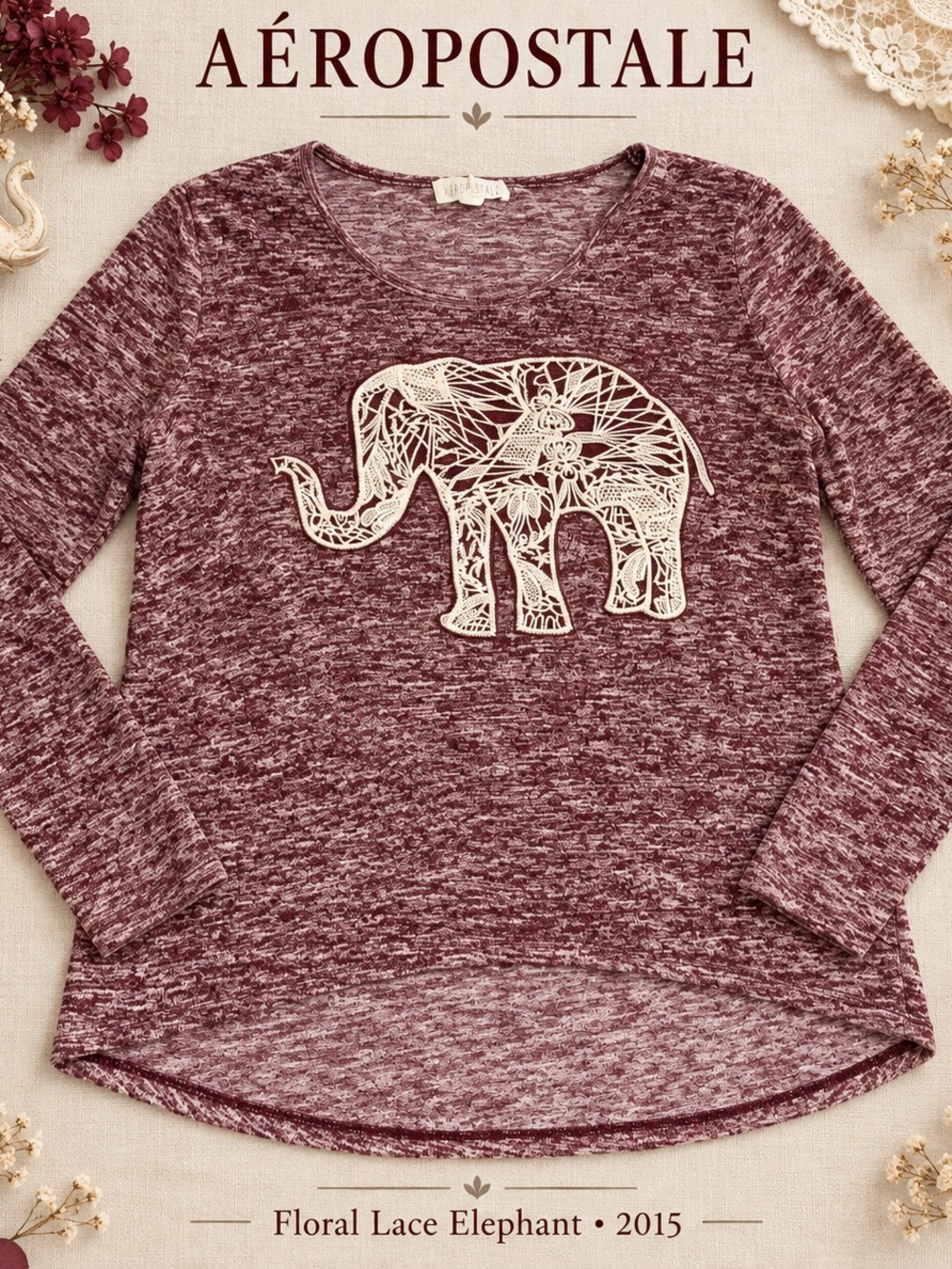 Aeropostale Top Womens L Burgundy Lace Elephant Boho Whimsical Cottagecore Knit